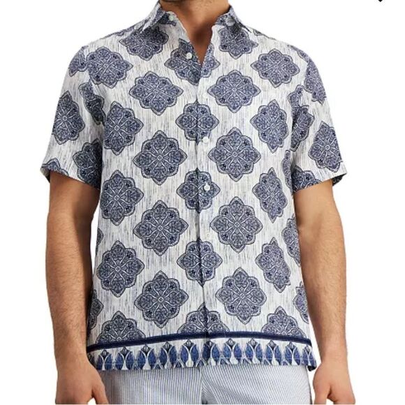 Men's Regular-Fit Medallion-Print Linen‎ Shirt Twinkle Blue L NWT in packaging - Picture 1 of 6